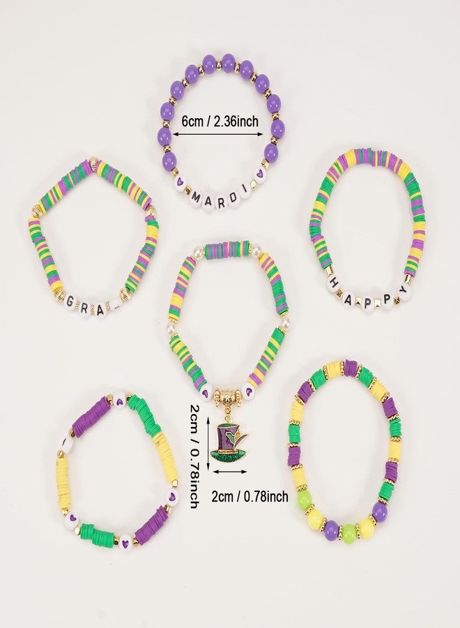 Lonext Mardi Gras Bracelets for Women Glitter Fleur De Lis Mask Jester Hat Charm Bracelets Beaded Stretch Bracelet Set for Carnival Parade Outfits Mardi Gras Accessory - Image 3